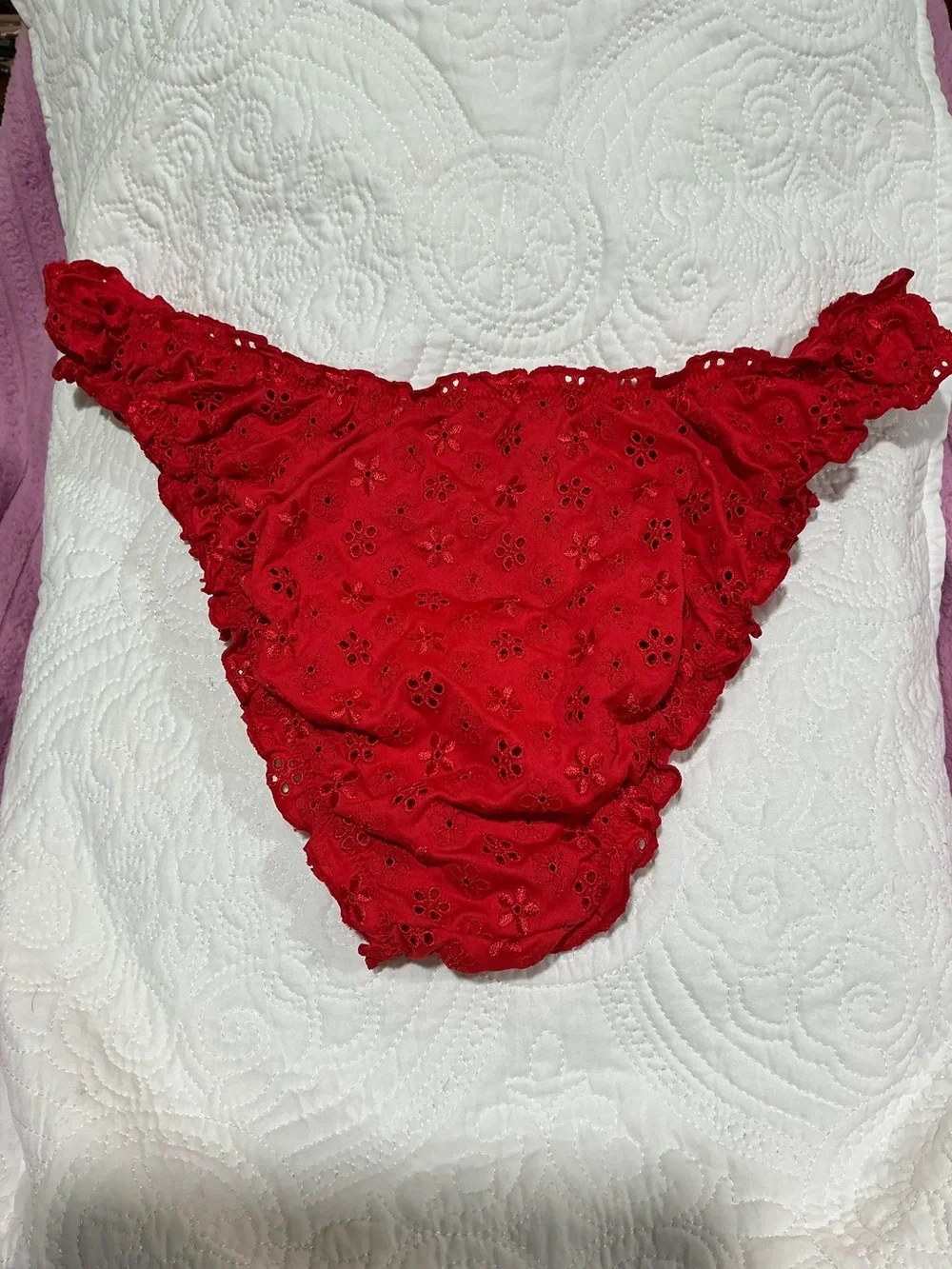 🤎 Pink by Frankies Bikinis Red Floral Eyelet Bikini Bottom - XXL (00879)